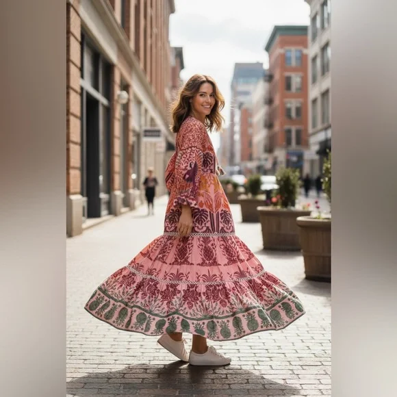 green emerald velvet dress Ana Tapestry Pink Midi Dress – FARM Rio main image 0